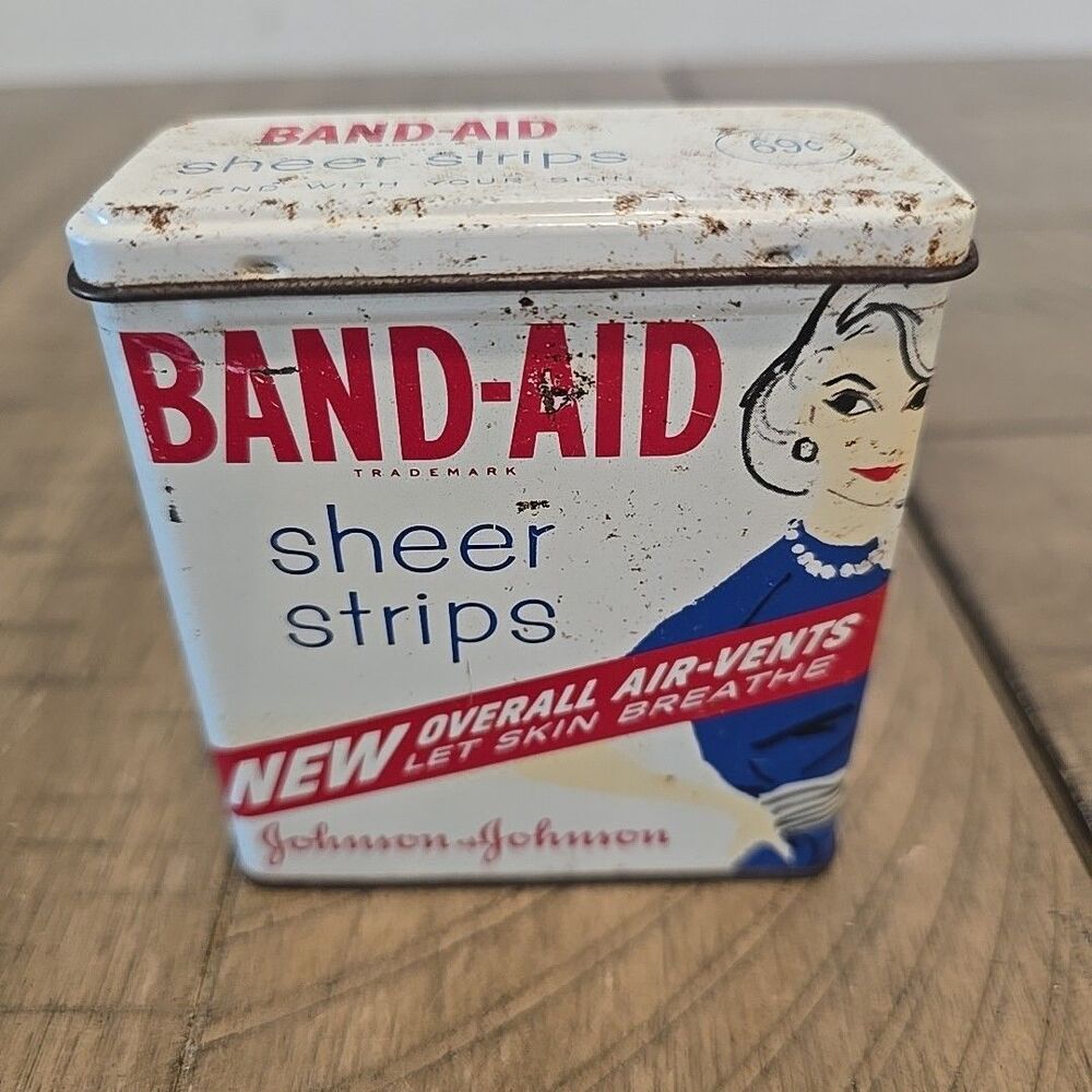 Vintage 1950s Johnson & Johnson Band-Aid Sheer Strips Tin Box Lady in Blue Dress